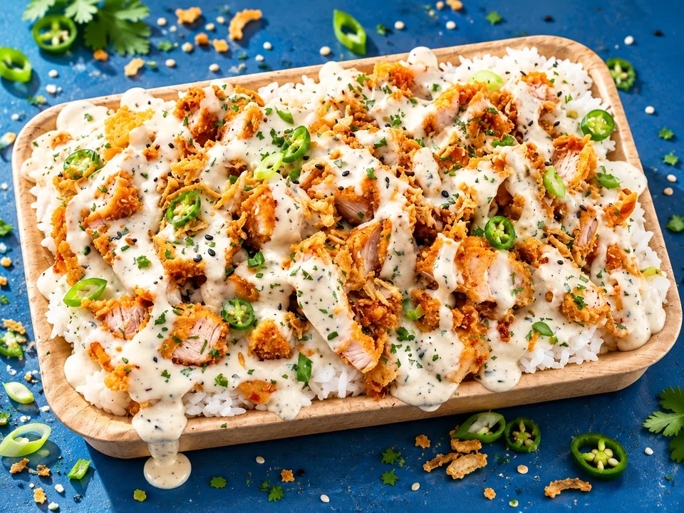 Barquette rectangulaire de riz et poulet croustillant avec sauce blanche maison