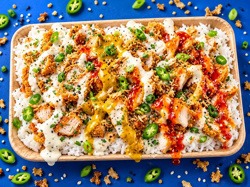 Barquette rectangulaire de riz et poulet croustillant avec sauces blanche, curry et sweet chili