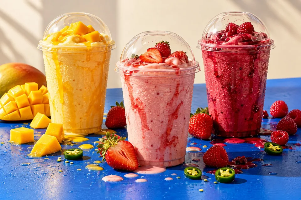 Trois milkshakes Kreamy aux couleurs mangue, fraise et fruits rouges, entourés de fruits frais
